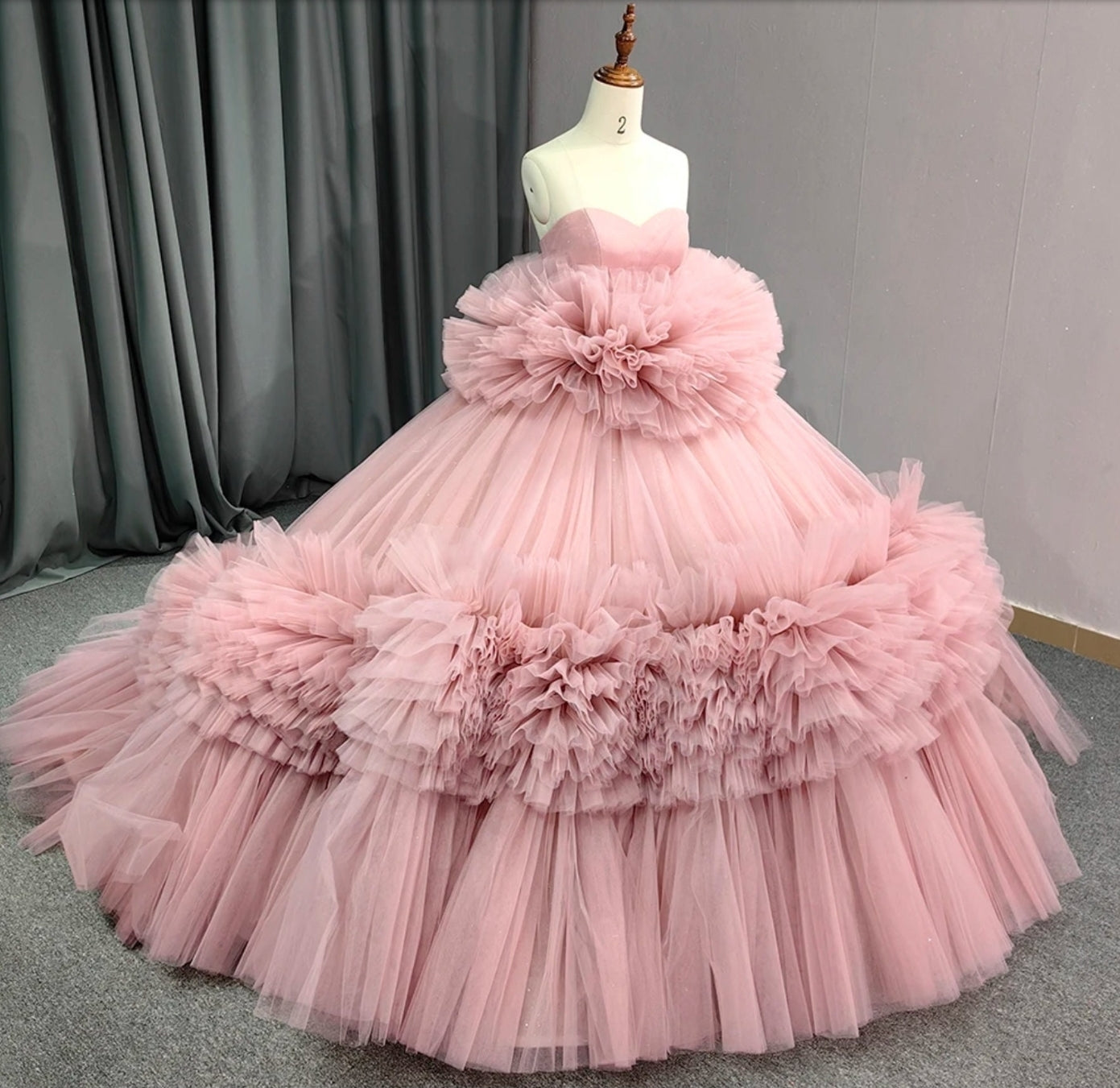 Pleated Pink Frill Pom Pom Strapless Sweetheart Quinceañera, Special Occasion, Bat Mitzvah, Pageant, Sweet 16, Event Gala Gown