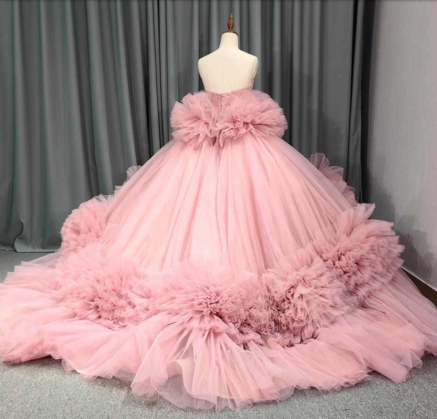 Pleated Pink Frill Pom Pom Strapless Sweetheart Quinceañera, Special Occasion, Bat Mitzvah, Pageant, Sweet 16, Event Gala Gown