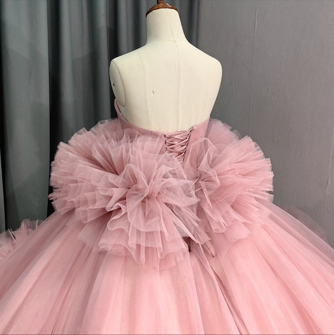 Pleated Pink Frill Pom Pom Strapless Sweetheart Quinceañera, Special Occasion, Bat Mitzvah, Pageant, Sweet 16, Event Gala Gown