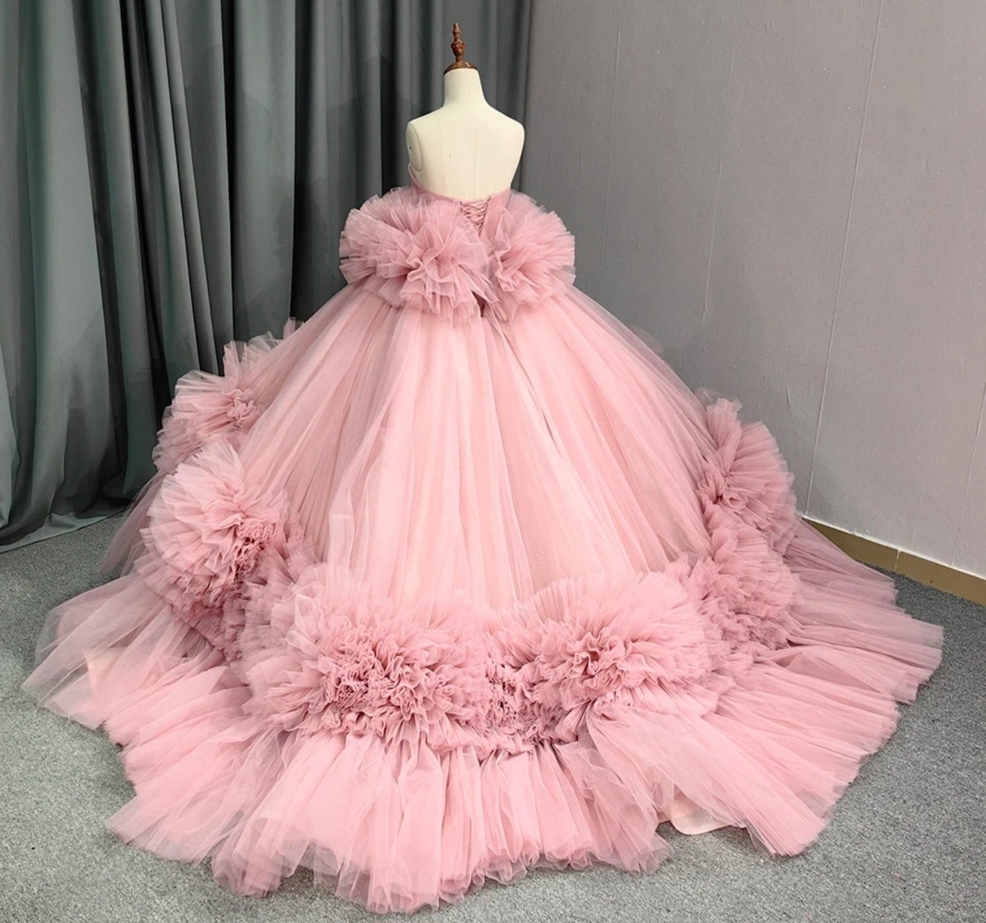 Pleated Pink Frill Pom Pom Strapless Sweetheart Quinceañera, Special Occasion, Bat Mitzvah, Pageant, Sweet 16, Event Gala Gown