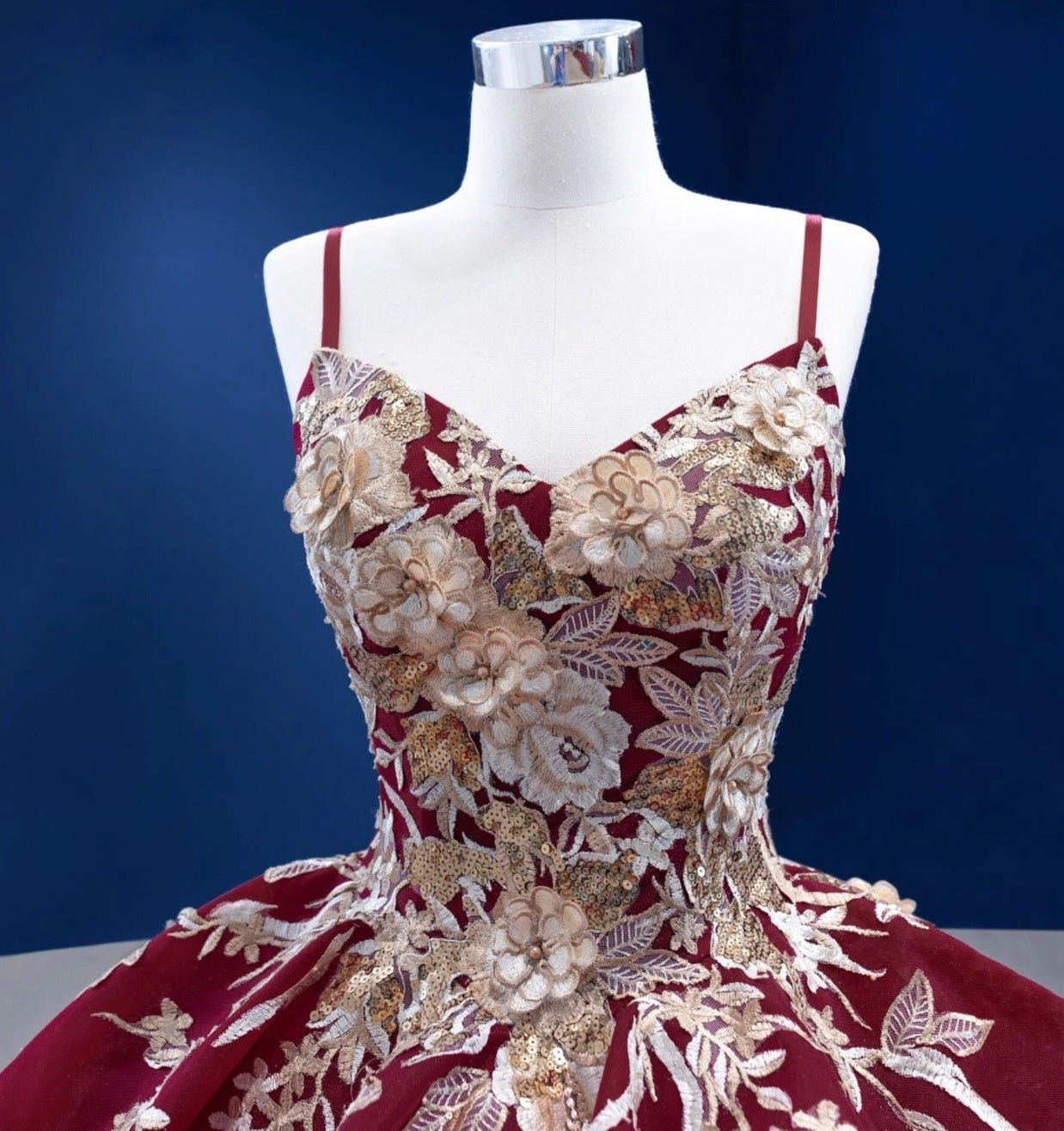 Burgundy Red V Neck Sleeveless Floral 3D Sequin Appliqué Layered Waistline A-Line Special Occasion, Bat Mitzvah, Quinceañera Event Gown