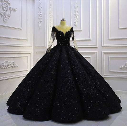 Black Long Sleeve Sweetheart Fully Beaded Glitter Gown