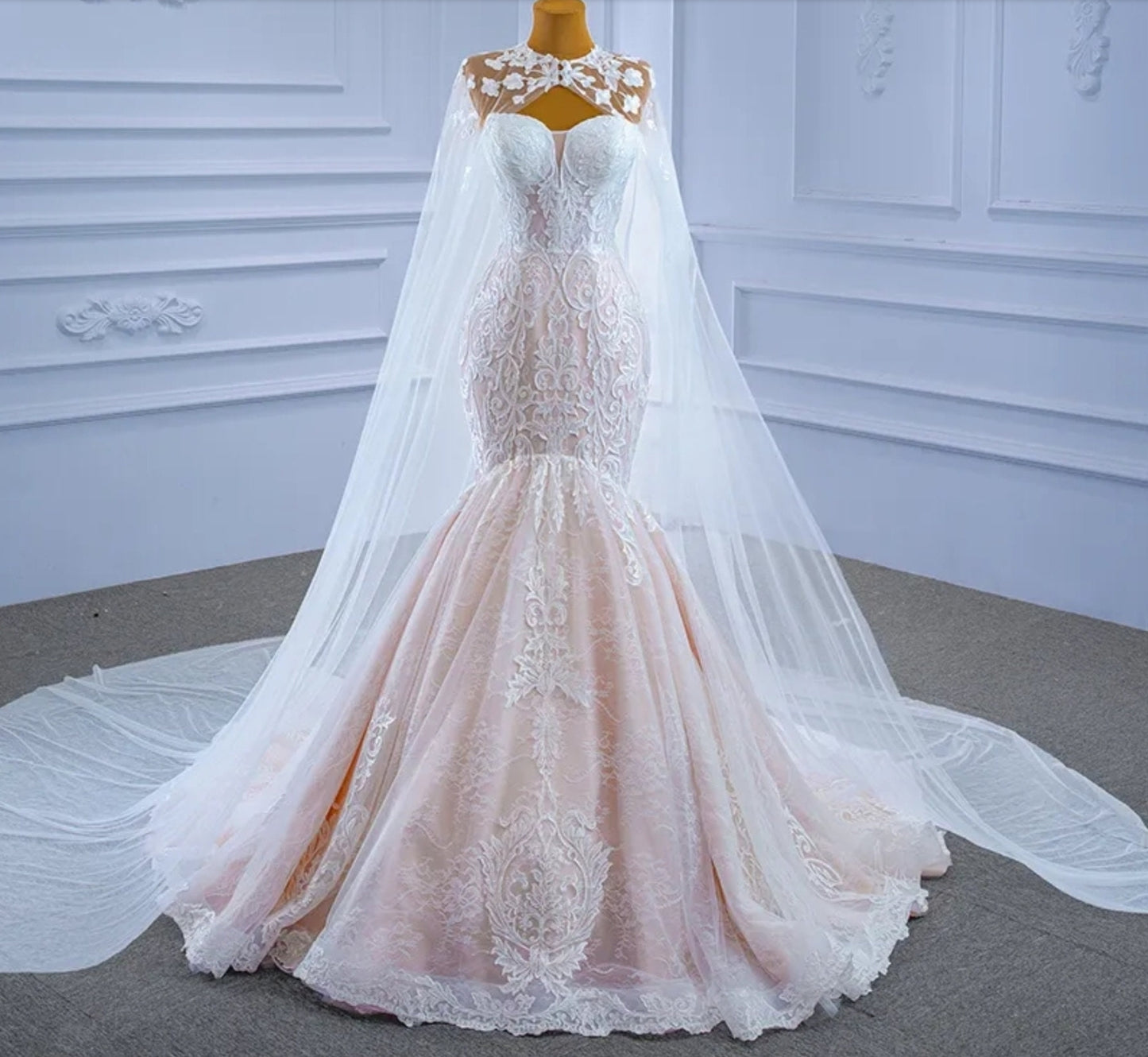 Elegant Sleeveless Sweetheart Lace Mermaid Gown With Matching Floral Cape Train