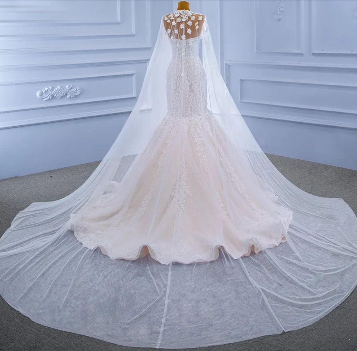 Elegant Sleeveless Sweetheart Lace Mermaid Gown With Matching Floral Cape Train