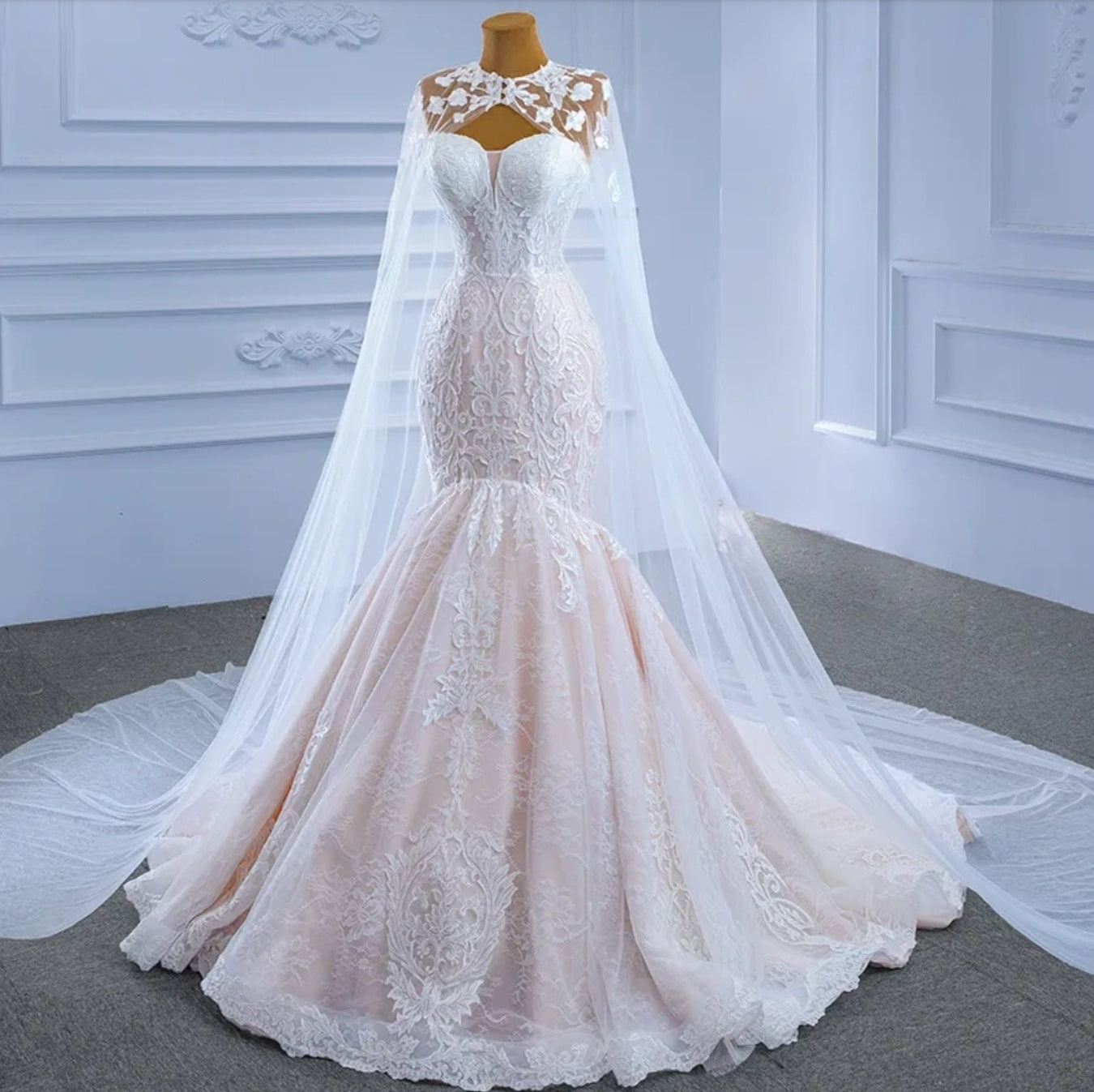 Elegant Sleeveless Sweetheart Lace Mermaid Gown With Matching Floral Cape Train