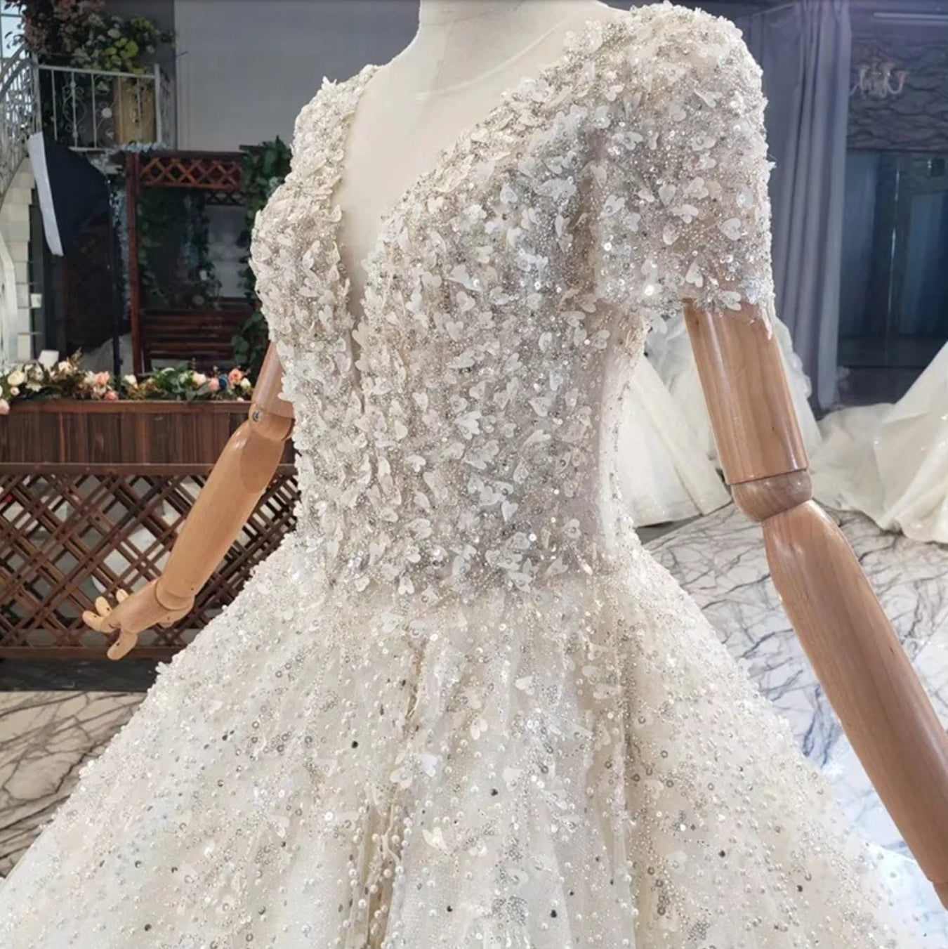 Deep V Neck Illusion Short Sleeve Heart Shaped Sequin Beaded Princess Gown With Lace Up Back