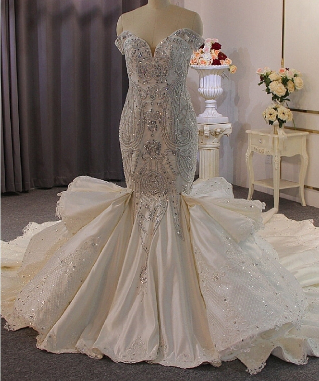 Gorgeous Full Beaded & Sequin Off The Shoulder Sweetheart Mermaid Gown With Detachable Train