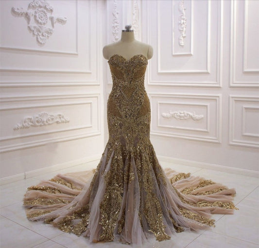 Strapless Fully Beaded & Sequin Champagne Mermaid Gown