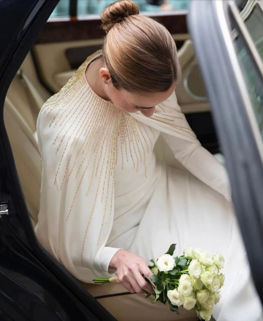 Soft Satin/Crepe Gold Beaded Sunburst Special Occasion Bridal Cape