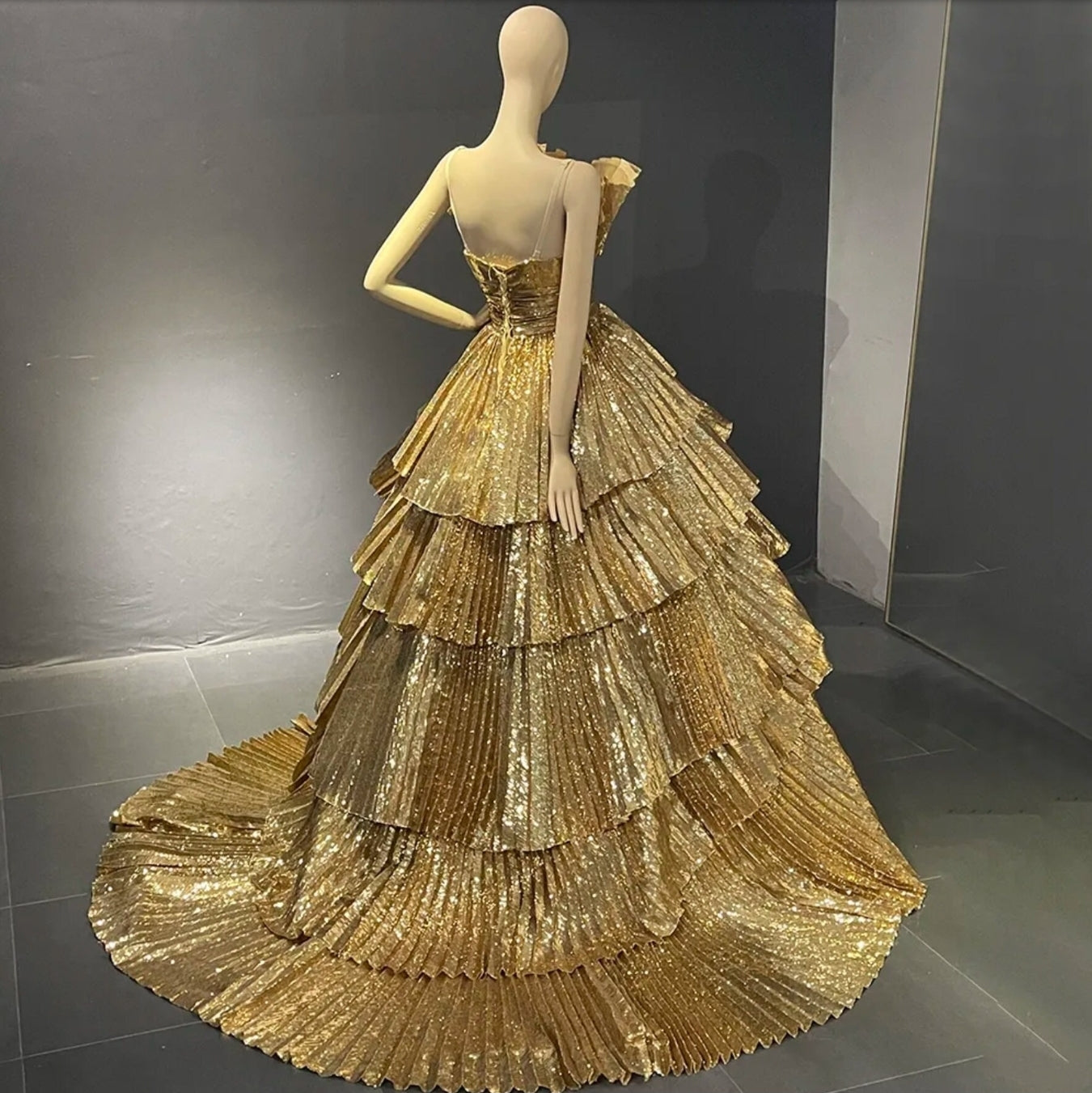 Luxurious Gold Strapless Pleated Irregular Neckline Layered Special Occasion Event Gala Quinceañera Party Gown