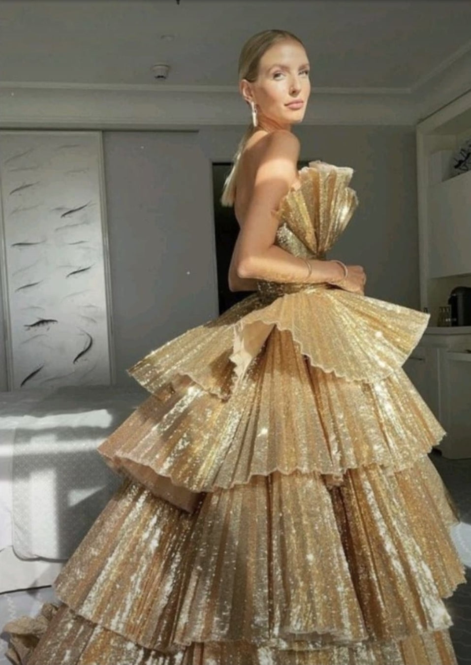 Luxurious Gold Strapless Pleated Irregular Neckline Layered Special Occasion Event Gala Quinceañera Party Gown