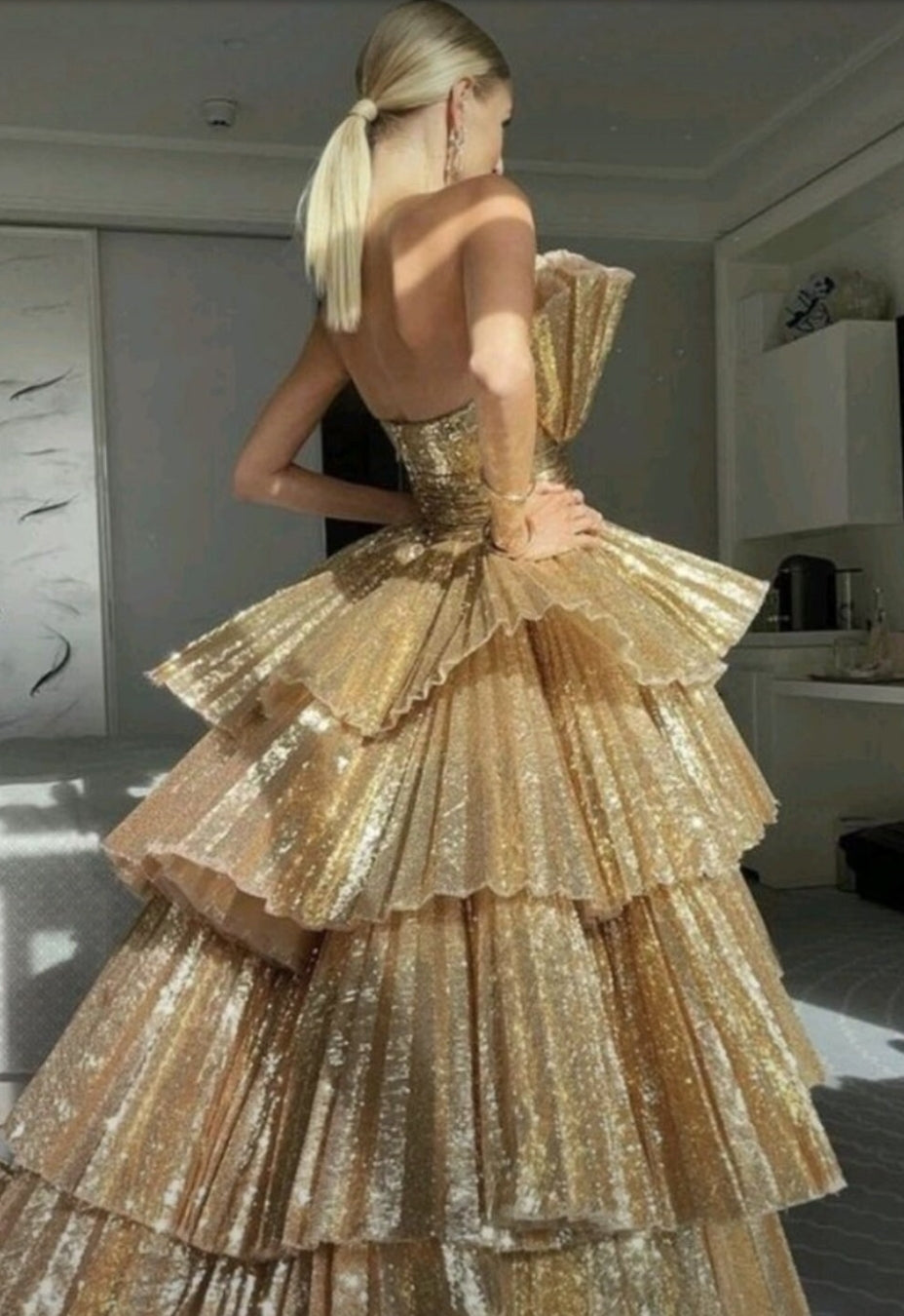 Luxurious Gold Strapless Pleated Irregular Neckline Layered Special Occasion Event Gala Quinceañera Party Gown