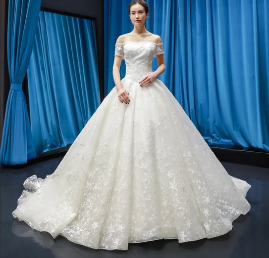 Simply Modest Off The Shoulder Shimmering Celestial Stars Gown With Lace Up Back Enclosure
