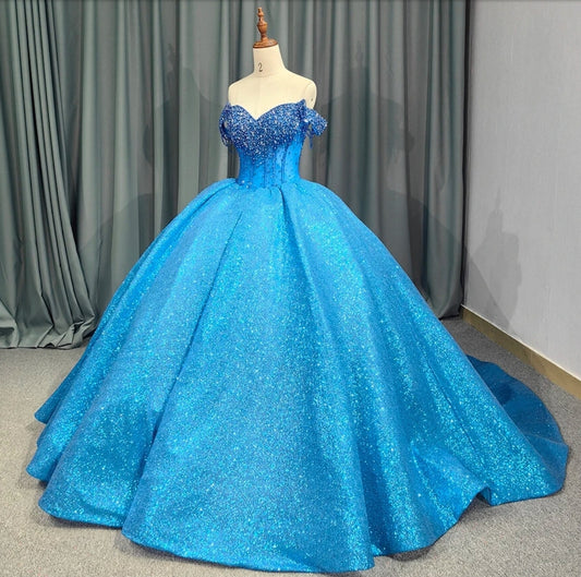 Off The Shoulder Gorgeous Blue Multi Beaded Clustered Sweetheart Corset A-Line Shimmering Sparkle Quinceañera, Special Occasion Event Gown