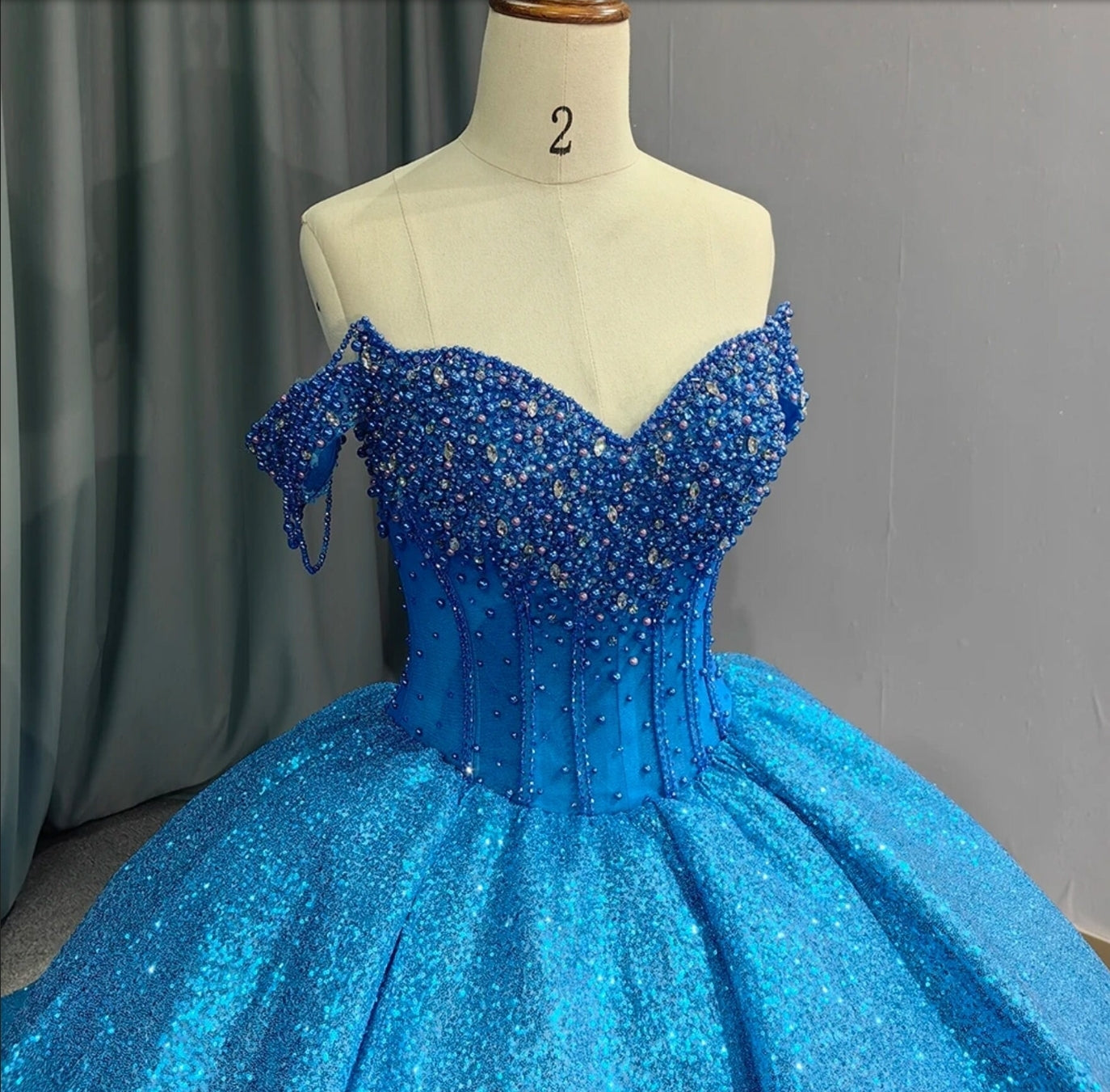 Off The Shoulder Gorgeous Blue Multi Beaded Clustered Sweetheart Corset A-Line Shimmering Sparkle Quinceañera, Special Occasion Event Gown