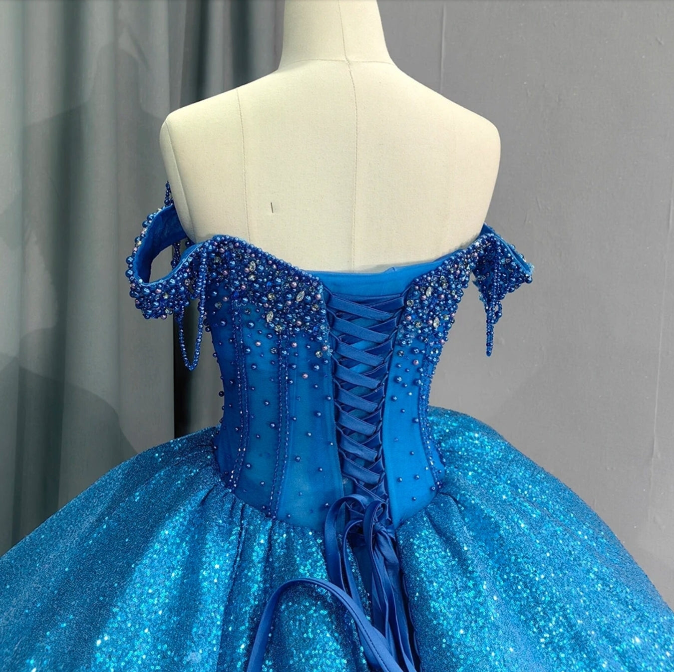 Off The Shoulder Gorgeous Blue Multi Beaded Clustered Sweetheart Corset A-Line Shimmering Sparkle Quinceañera, Special Occasion Event Gown