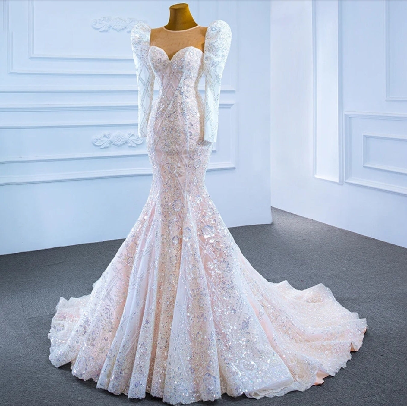 Shimmering Sequinned Lace Full Sleeve Illusion Sweetheart Mermaid/Trumpet Gown With Lace Up Back Enclosure