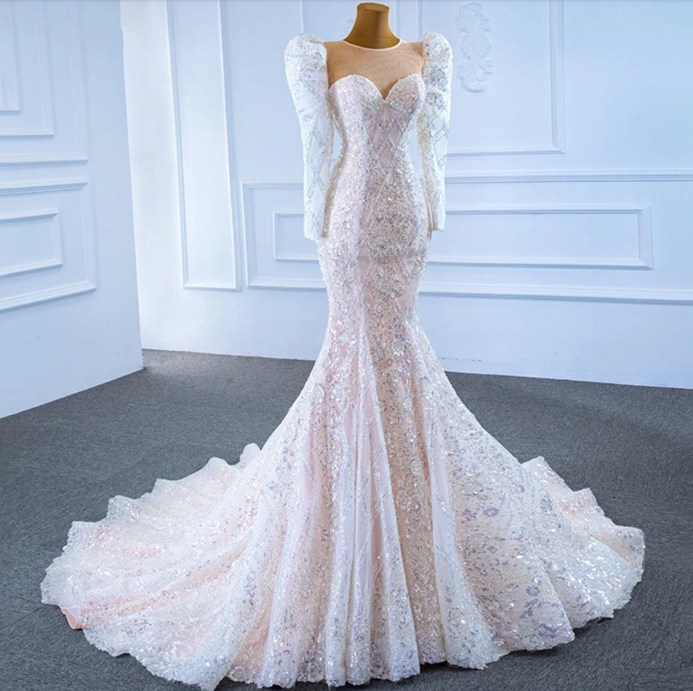 Shimmering Sequinned Lace Full Sleeve Illusion Sweetheart Mermaid/Trumpet Gown With Lace Up Back Enclosure