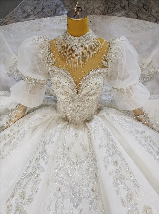 2024 Magical Victorian Inspired Multi Beaded Crystal Shimmering Sequinned Princess Gown & Gathered Long Sleeves And Floral Beading Accents