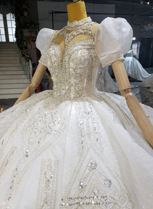 Victorian Crystal Beaded And Sequinned Short Sleeve Layered Shimmering Gown With Lace Up Back Enclosure