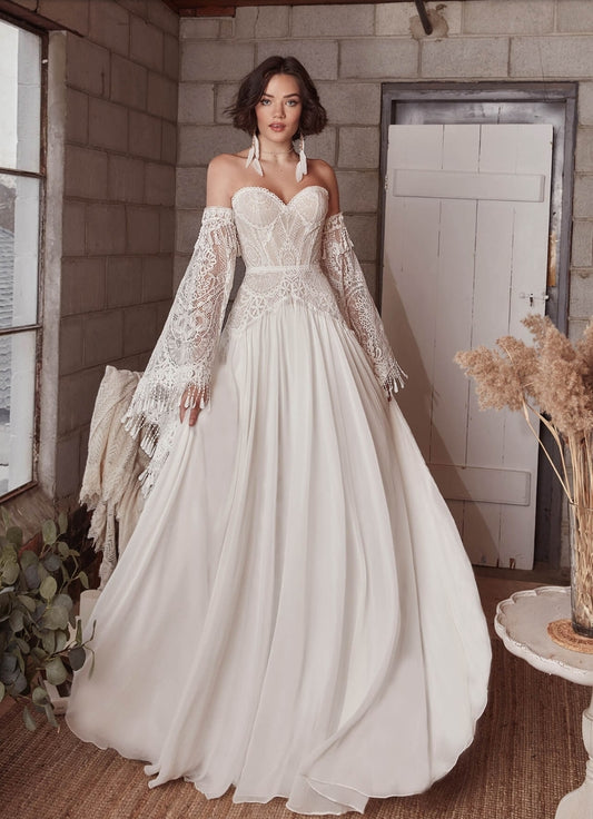 Beautiful Strapless Sweetheart  Lace & Chiffon Boho Gown With Detached Flare Sleeves