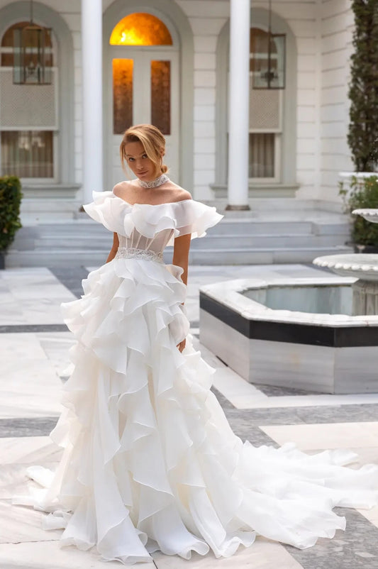 Multi Layered Mid Neck Illusion Off The Shoulder Crystal Beaded Sheer Bodice A-Line Bridal Gown