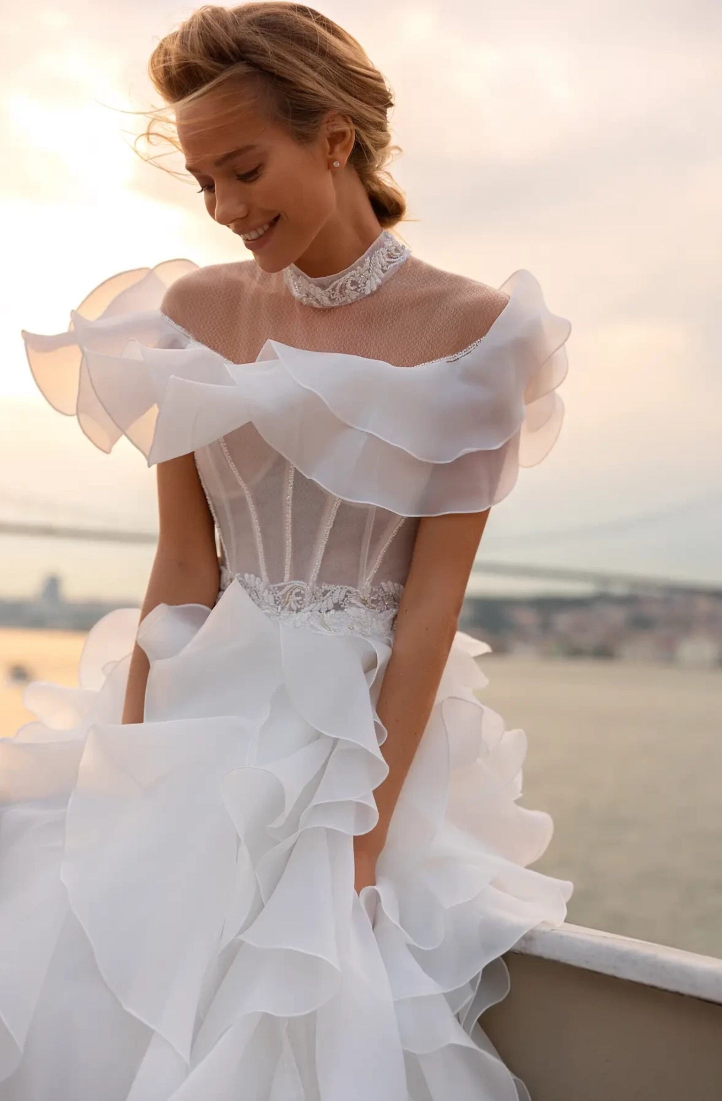 Multi Layered Mid Neck Illusion Off The Shoulder Crystal Beaded Sheer Bodice A-Line Bridal Gown