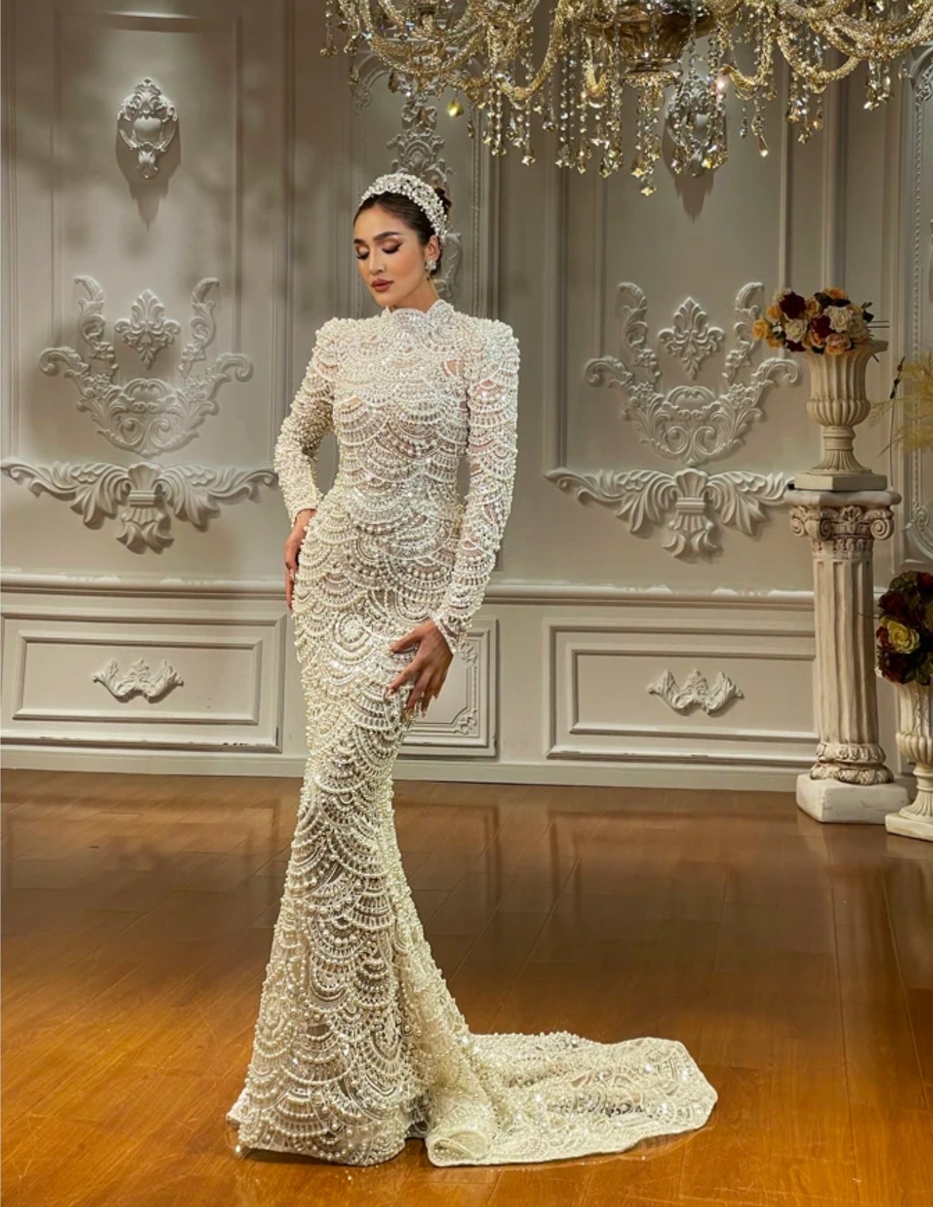 2024 Mid Neck Modest Gorgeous Multi Beaded Trumpet Fishtail Bridal Gown