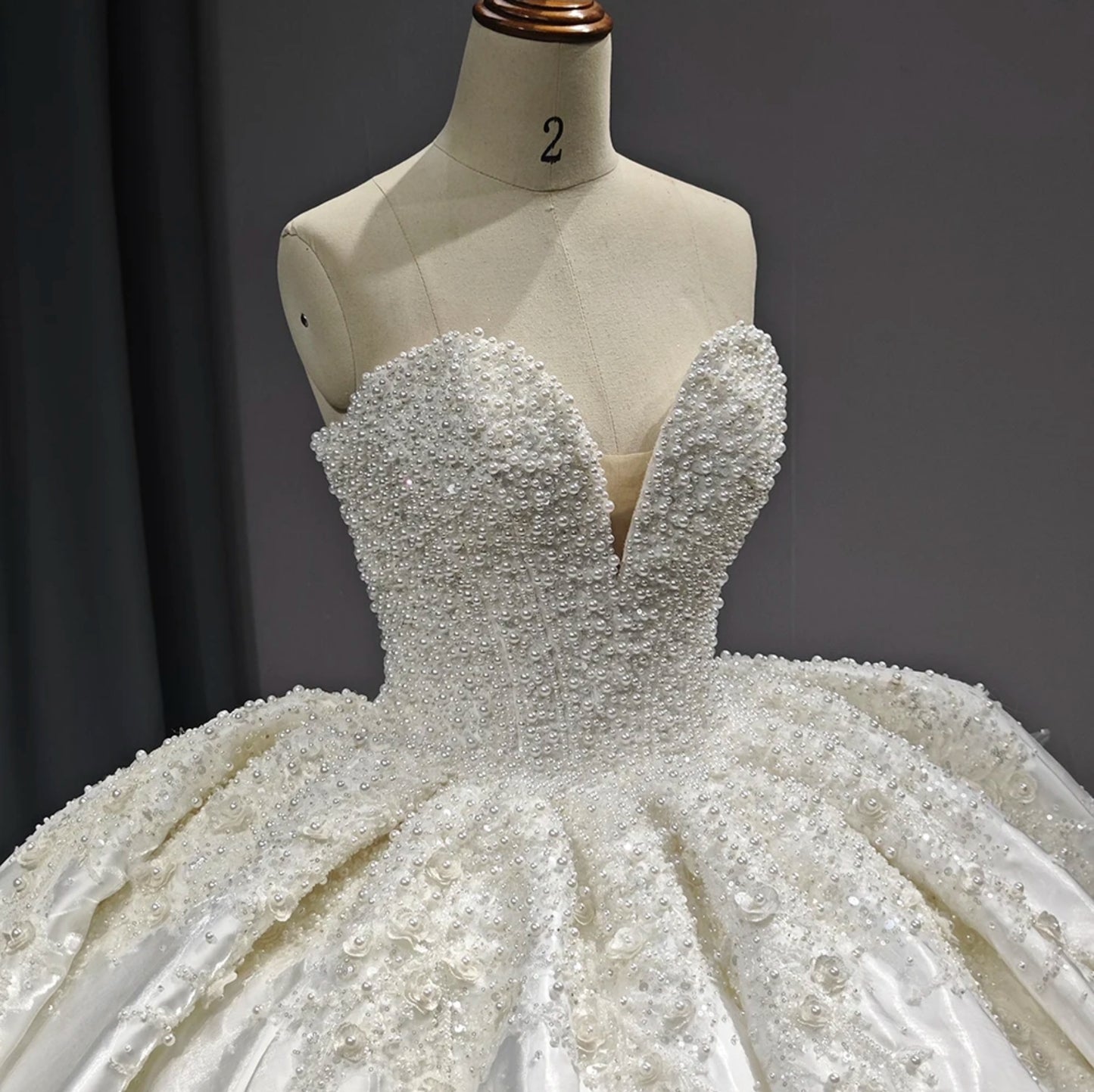 Multi Beaded Flower & Pearls Strapless Sweetheart Princess Bridal Ball Gown