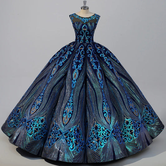 Exquisite Blue Peacock Sequinned Special Occasion A-Line Sleeveless Gown