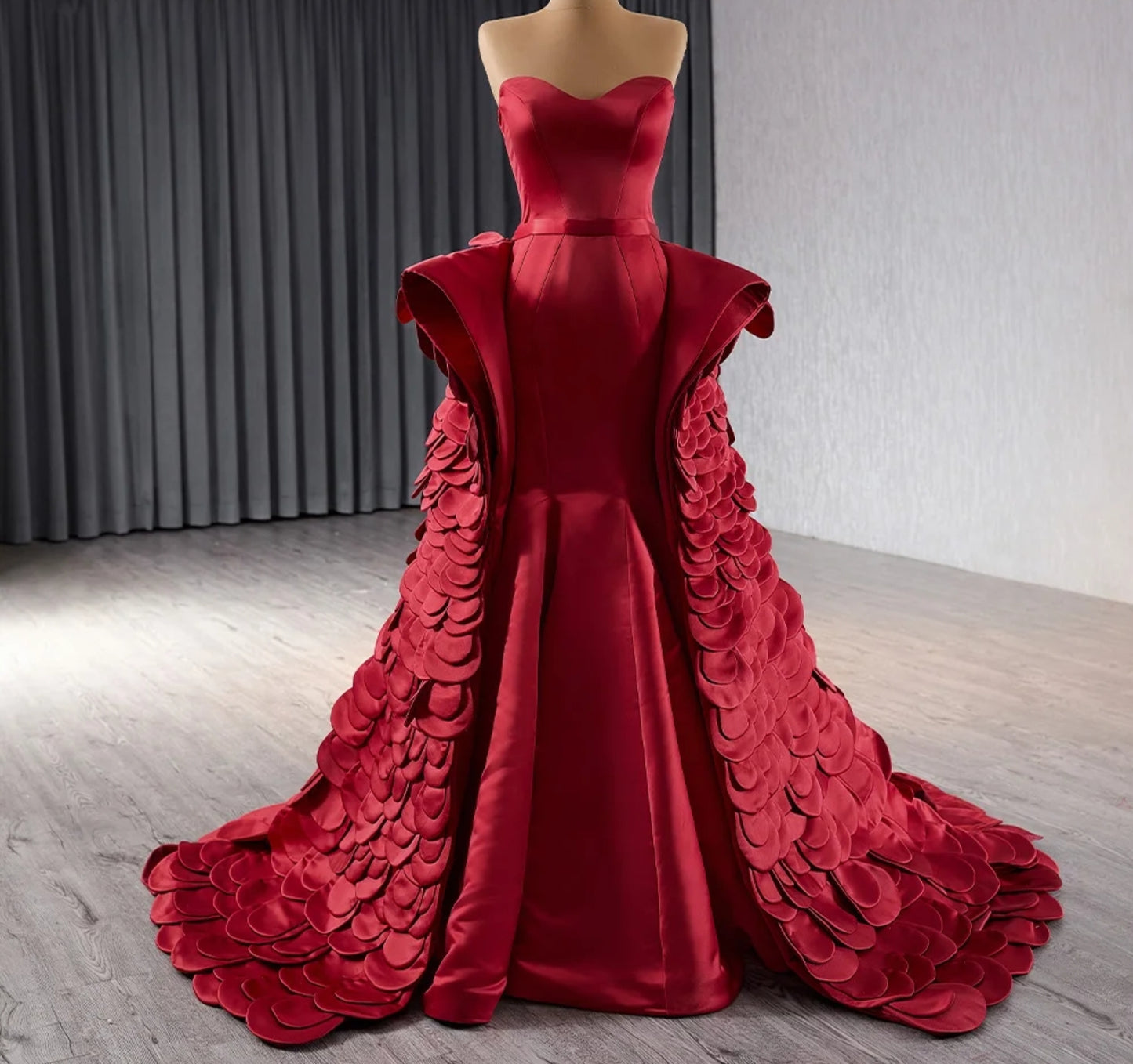 Stunning And Unique Strapless Sweetheart Red Satin Sculpted Trumpet Mother Of The Bride, Special Occasion Gown With Flare Hip And Overlay Layered Detail.