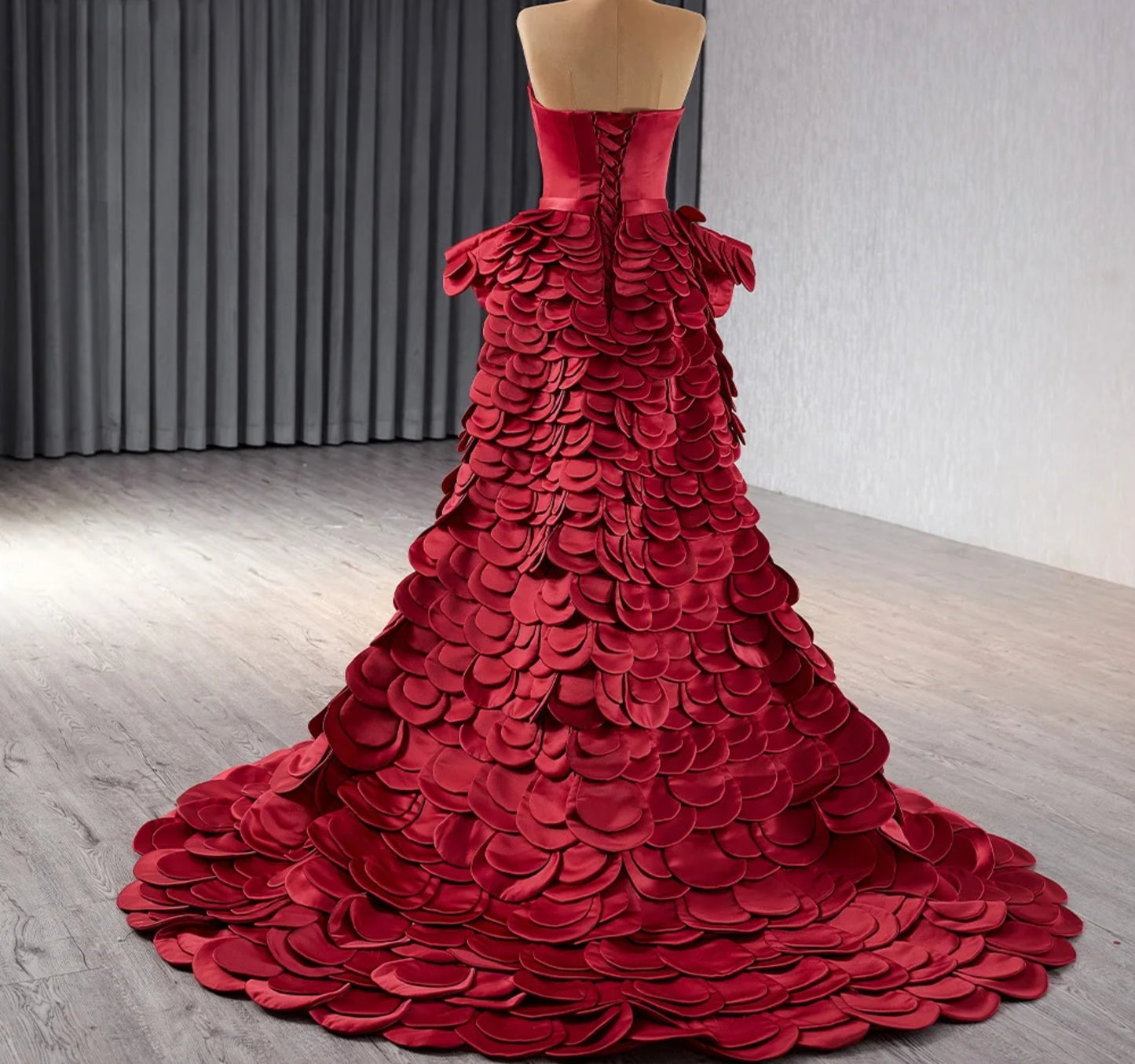 Stunning And Unique Strapless Sweetheart Red Satin Sculpted Trumpet Mother Of The Bride, Special Occasion Gown With Flare Hip And Overlay Layered Detail.