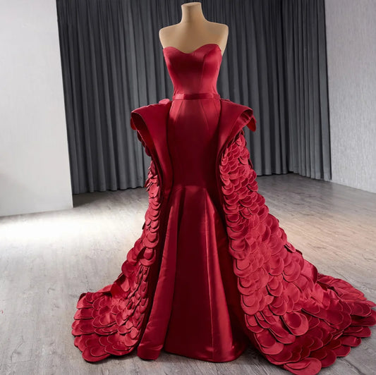 Stunning And Unique Strapless Sweetheart Red Satin Sculpted Trumpet Mother Of The Bride, Special Occasion Gown With Flare Hip And Overlay Layered Detail.