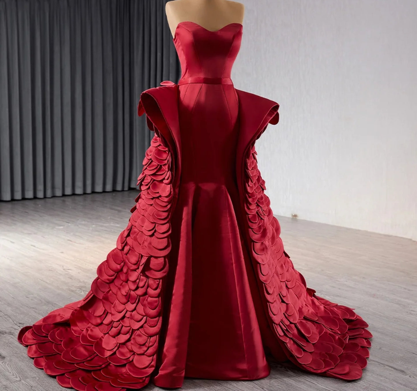 Stunning And Unique Strapless Sweetheart Red Satin Sculpted Trumpet Mother Of The Bride, Special Occasion Gown With Flare Hip And Overlay Layered Detail.