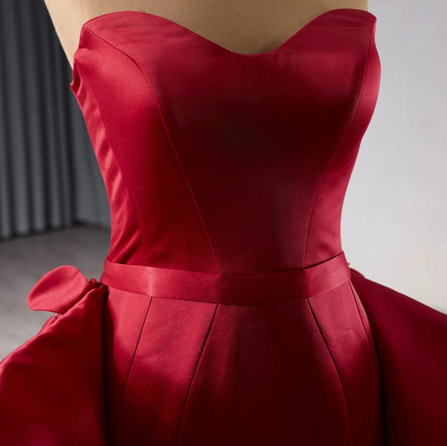 Stunning And Unique Strapless Sweetheart Red Satin Sculpted Trumpet Mother Of The Bride, Special Occasion Gown With Flare Hip And Overlay Layered Detail.