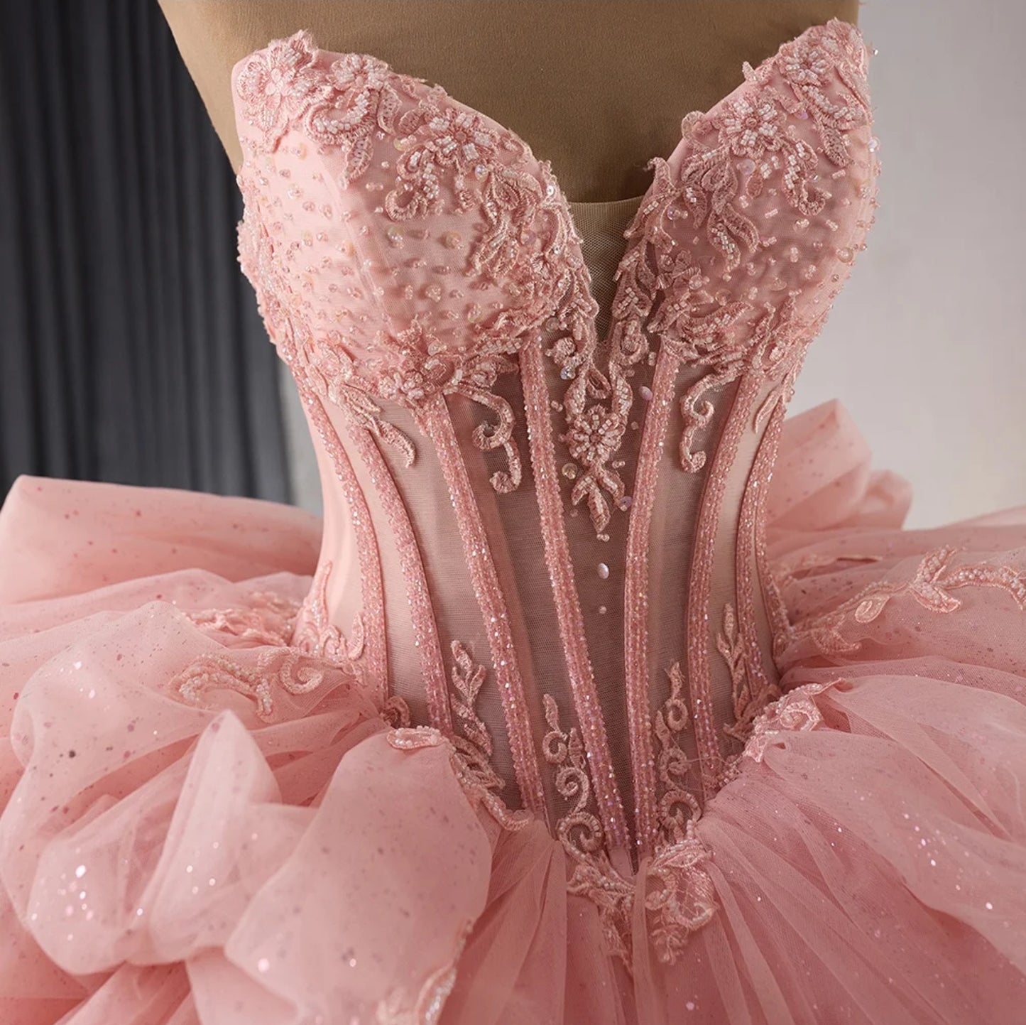 Beautiful Shimmering Pink Princess Strapless Sweetheart Multi Beaded & Lace Bodice With Draped Layered Puff Hip And Dramatic Oversized Back Bow Detail Quinceañera, Pageant, Special Occasion,  Non-Traditional Bridal Gown