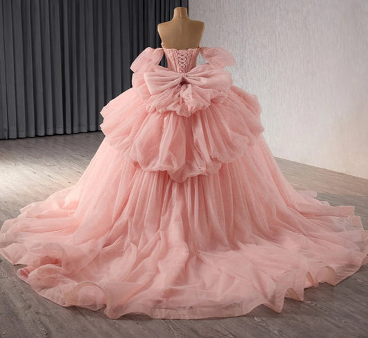 Beautiful Shimmering Pink Princess Strapless Sweetheart Multi Beaded & Lace Bodice With Draped Layered Puff Hip And Dramatic Oversized Back Bow Detail Quinceañera, Pageant, Special Occasion,  Non-Traditional Bridal Gown