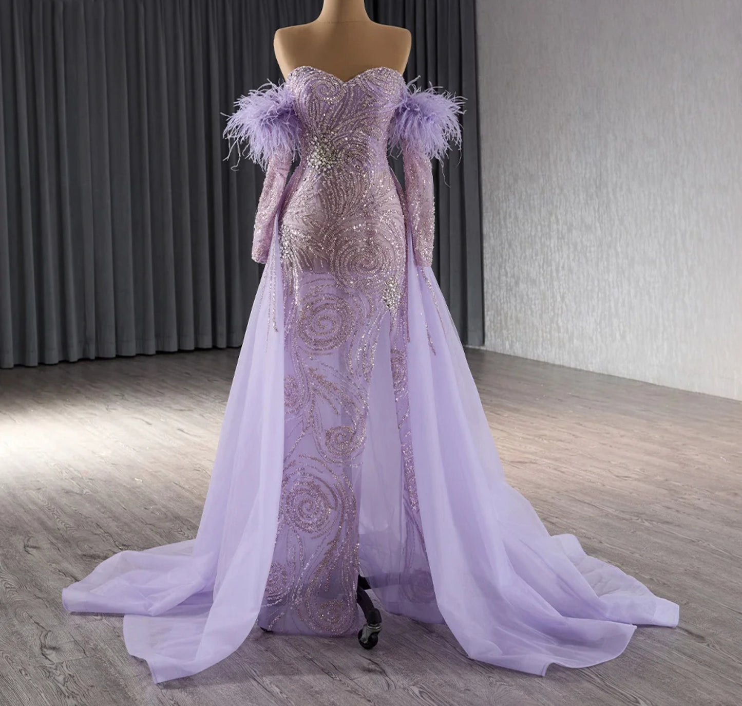 Mother Of The Bride, Special Occasion Shimmering Sequin Multi Beaded Sweetheart 2024 Purple Gown With Detached Sleeves