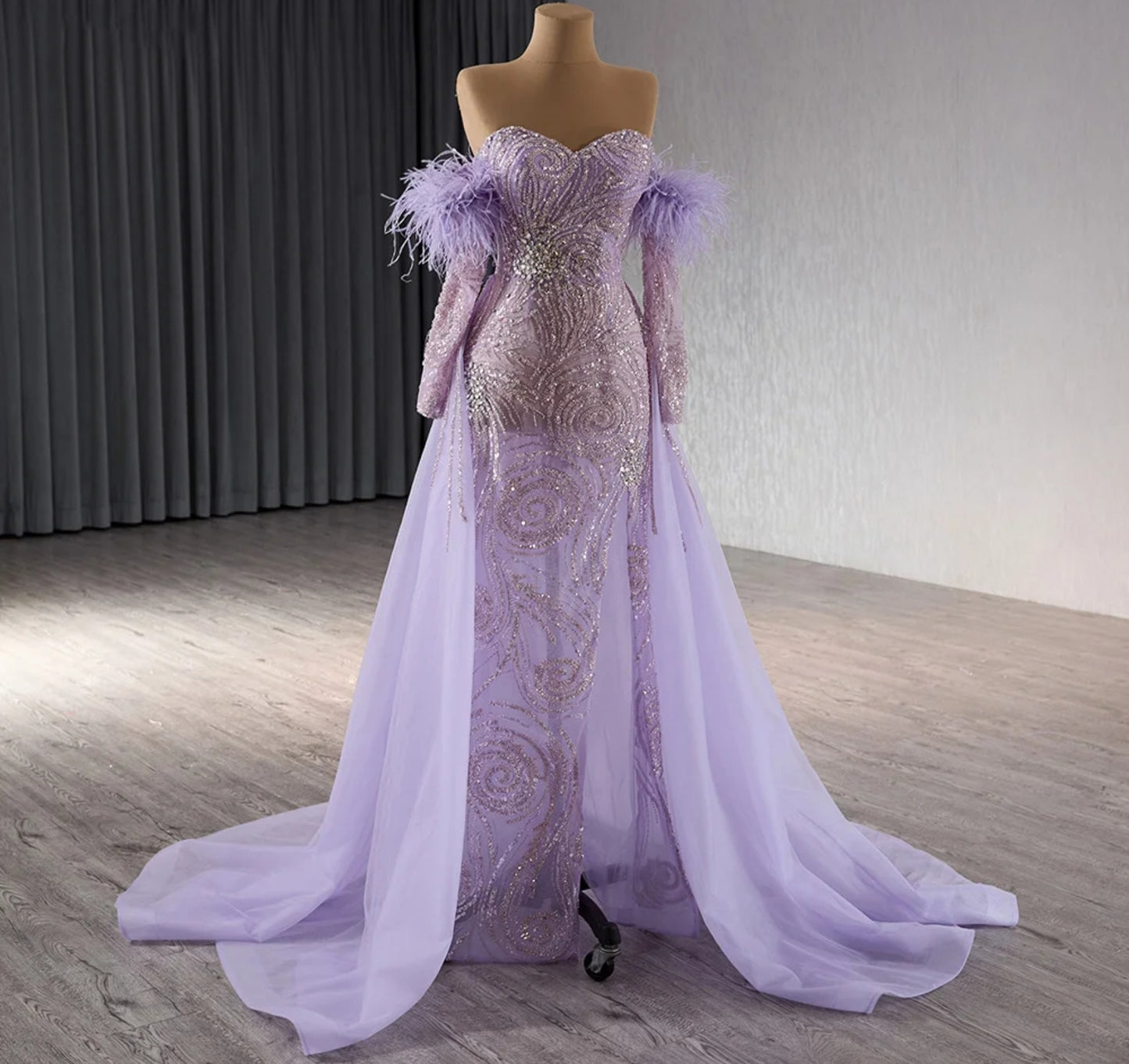 Mother Of The Bride, Special Occasion Shimmering Sequin Multi Beaded Sweetheart 2024 Purple Gown With Detached Sleeves