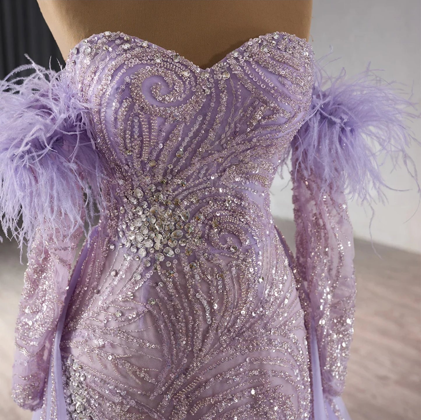 Mother Of The Bride, Special Occasion Shimmering Sequin Multi Beaded Sweetheart 2024 Purple Gown With Detached Sleeves