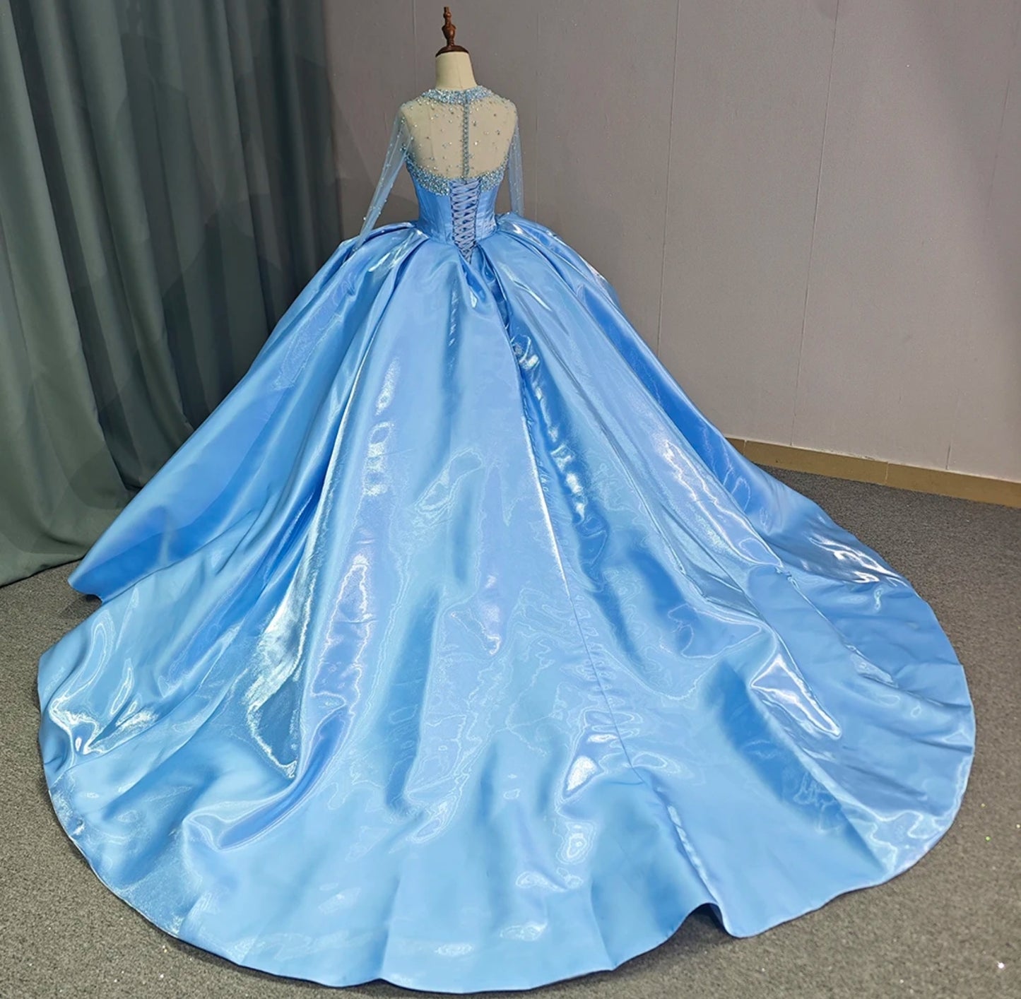 2024 Lovely Blue Crystal Multi Beaded Sheer Illusion Modest Long Sleeve Pleated Bodice Quinceañera, Special Occasion, Sweet 16, Bat Mitzvah, Pageant Ball Gown