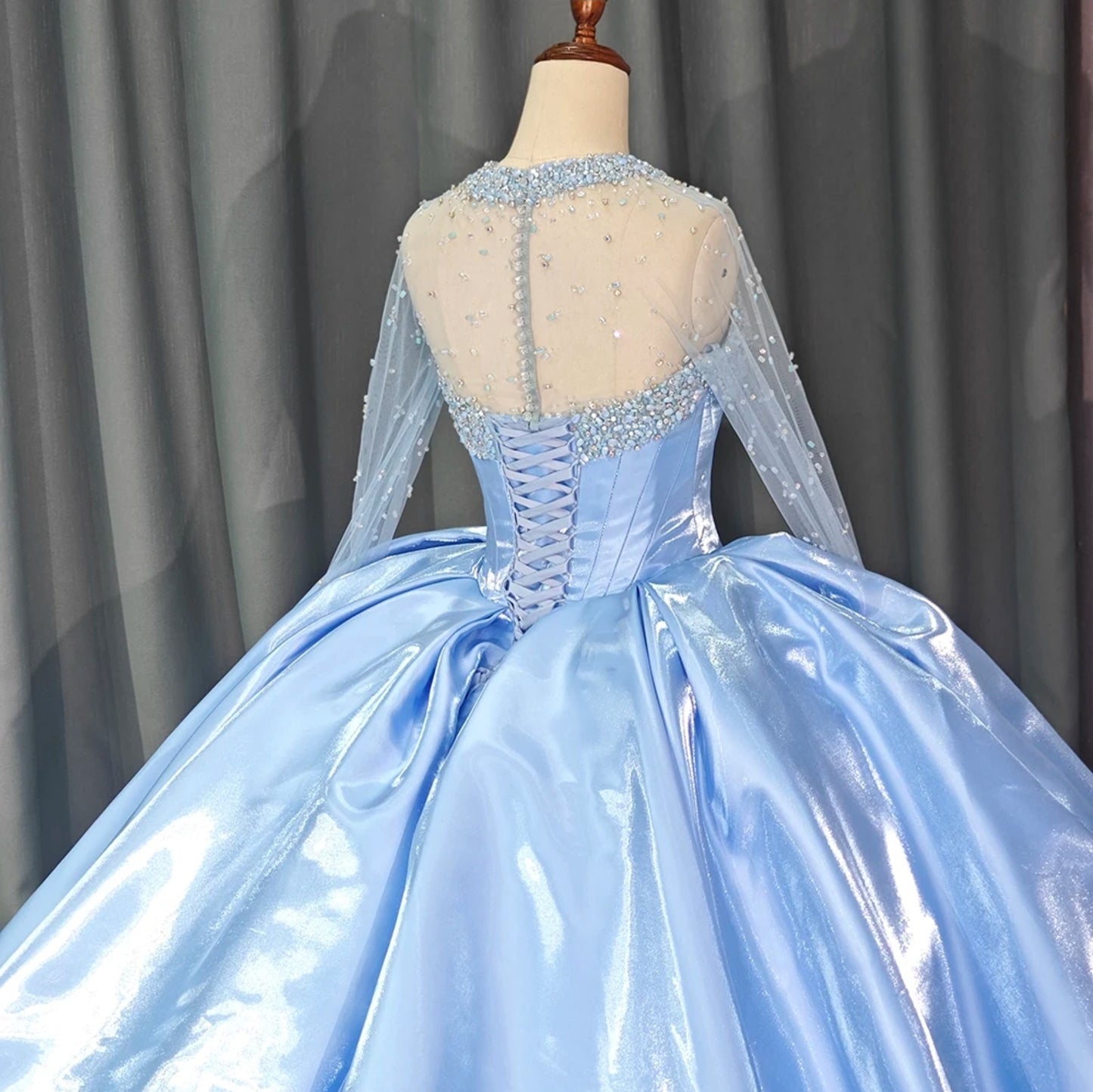 2024 Lovely Blue Crystal Multi Beaded Sheer Illusion Modest Long Sleeve Pleated Bodice Quinceañera, Special Occasion, Sweet 16, Bat Mitzvah, Pageant Ball Gown