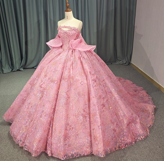 2024 Pretty In Pink Strapless Sweetheart Shimmering Floral Quinceañera, Special Occasion, Sweet 16, Bat Mitzvah, Pageant Ball Gown With Detached Sleeves