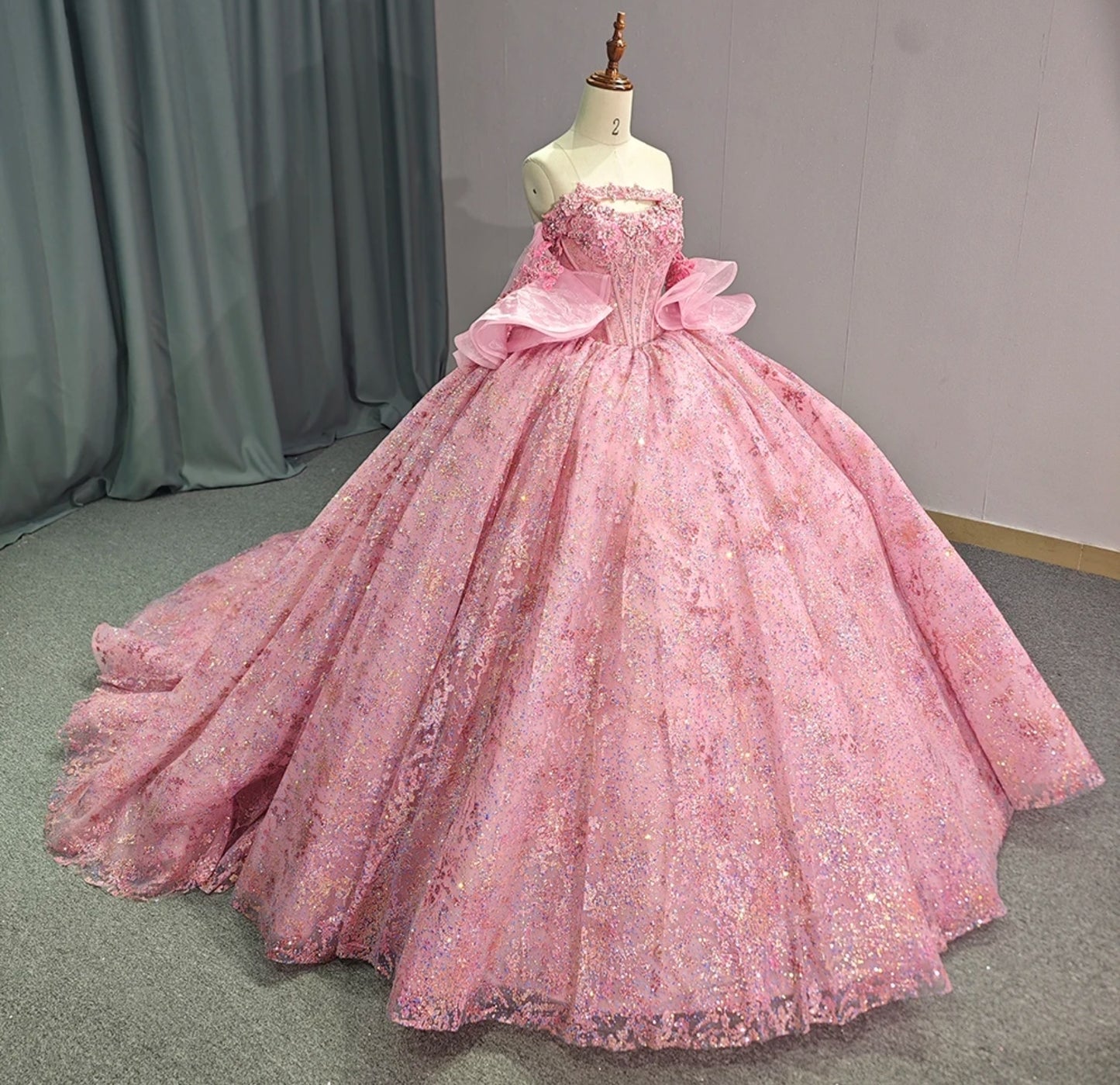 2024 Pretty In Pink Strapless Sweetheart Shimmering Floral Quinceañera, Special Occasion, Sweet 16, Bat Mitzvah, Pageant Ball Gown With Detached Sleeves