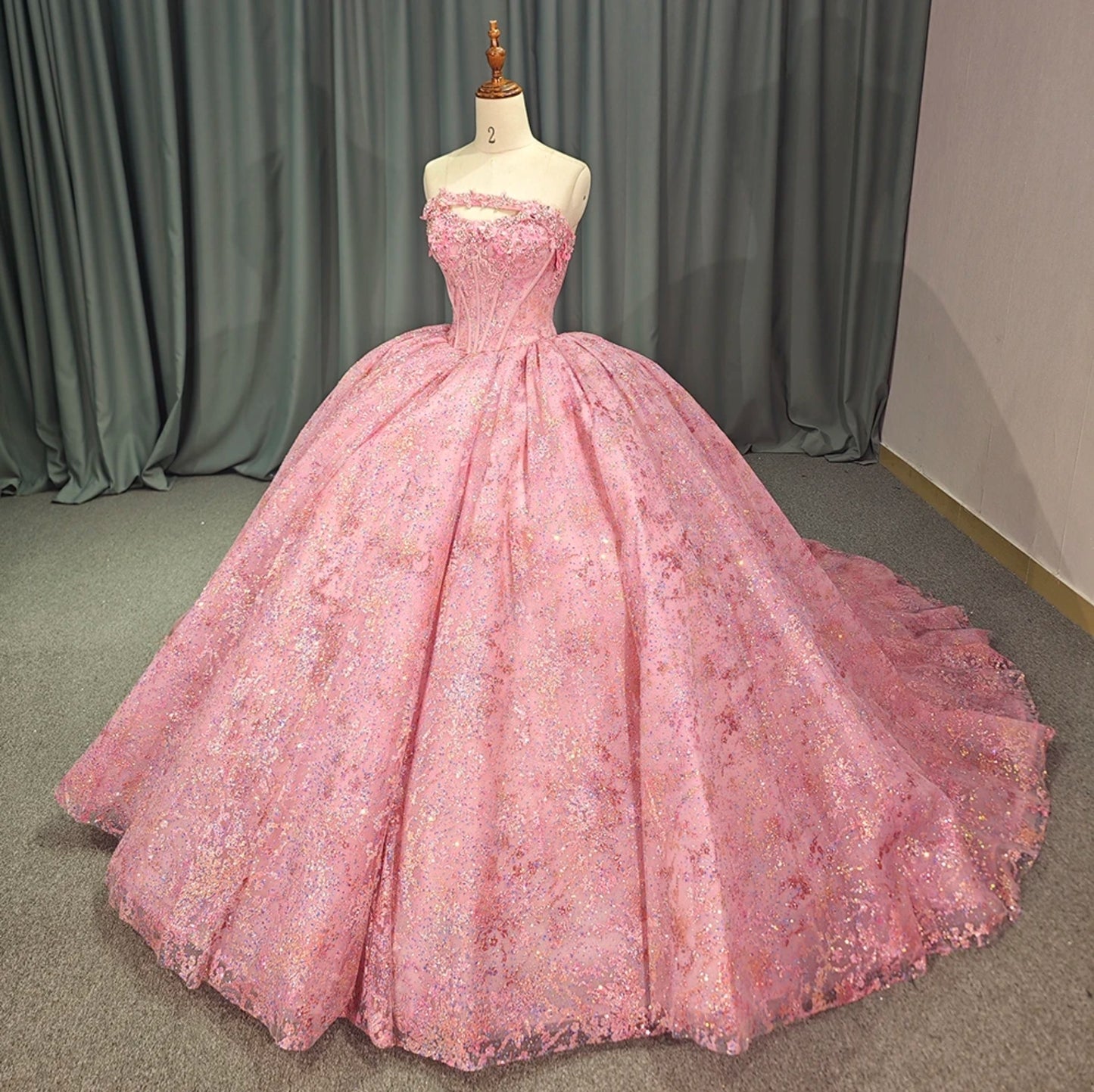 2024 Pretty In Pink Strapless Sweetheart Shimmering Floral Quinceañera, Special Occasion, Sweet 16, Bat Mitzvah, Pageant Ball Gown With Detached Sleeves