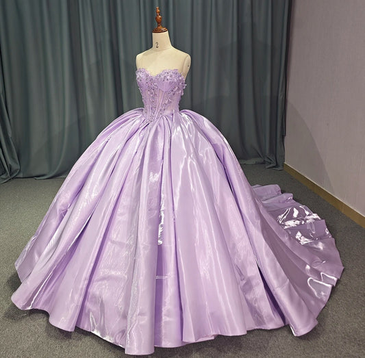 Charming & Elegant Purple 2024 Strapless Floral Beaded Pleated Corset Bodice Quinceañera, Sweet 16, Special Occasion, Bat Mitzvah, Pageant, Gala Ball Gown