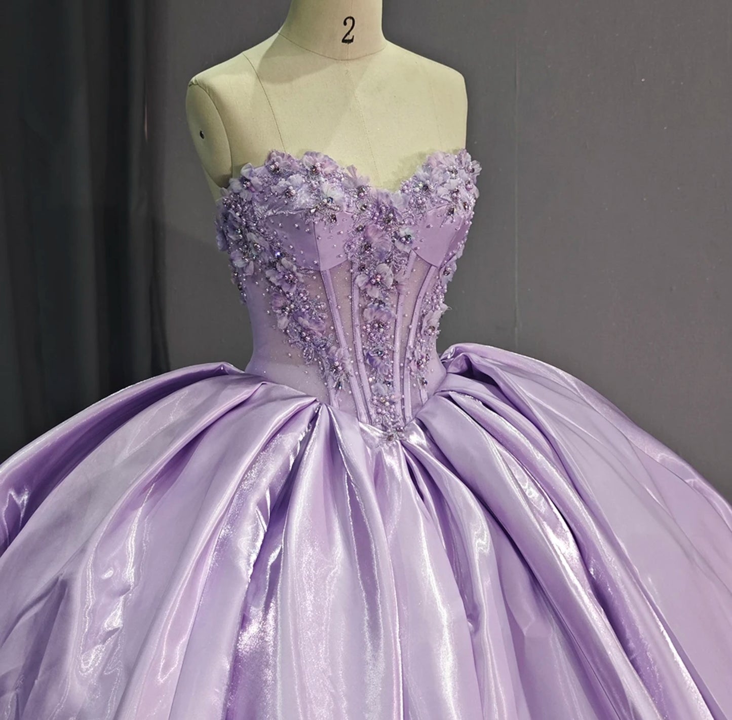 Charming & Elegant Purple 2024 Strapless Floral Beaded Pleated Corset Bodice Quinceañera, Sweet 16, Special Occasion, Bat Mitzvah, Pageant, Gala Ball Gown