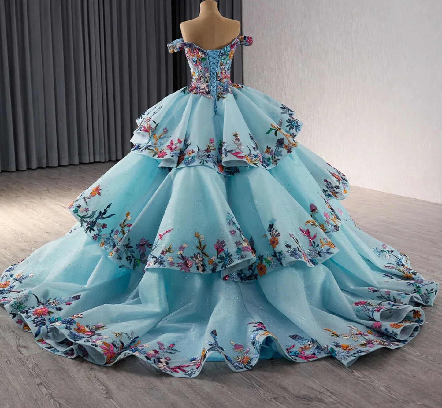 Off The Shoulder Multi Color Floral Sequinned Appliqué Sweetheart Neckline Layered "Cake" Style Blue Quinceañera, Special Occasion, Sweet Sixteen, Pageant, Gala, Formal Ball Gown