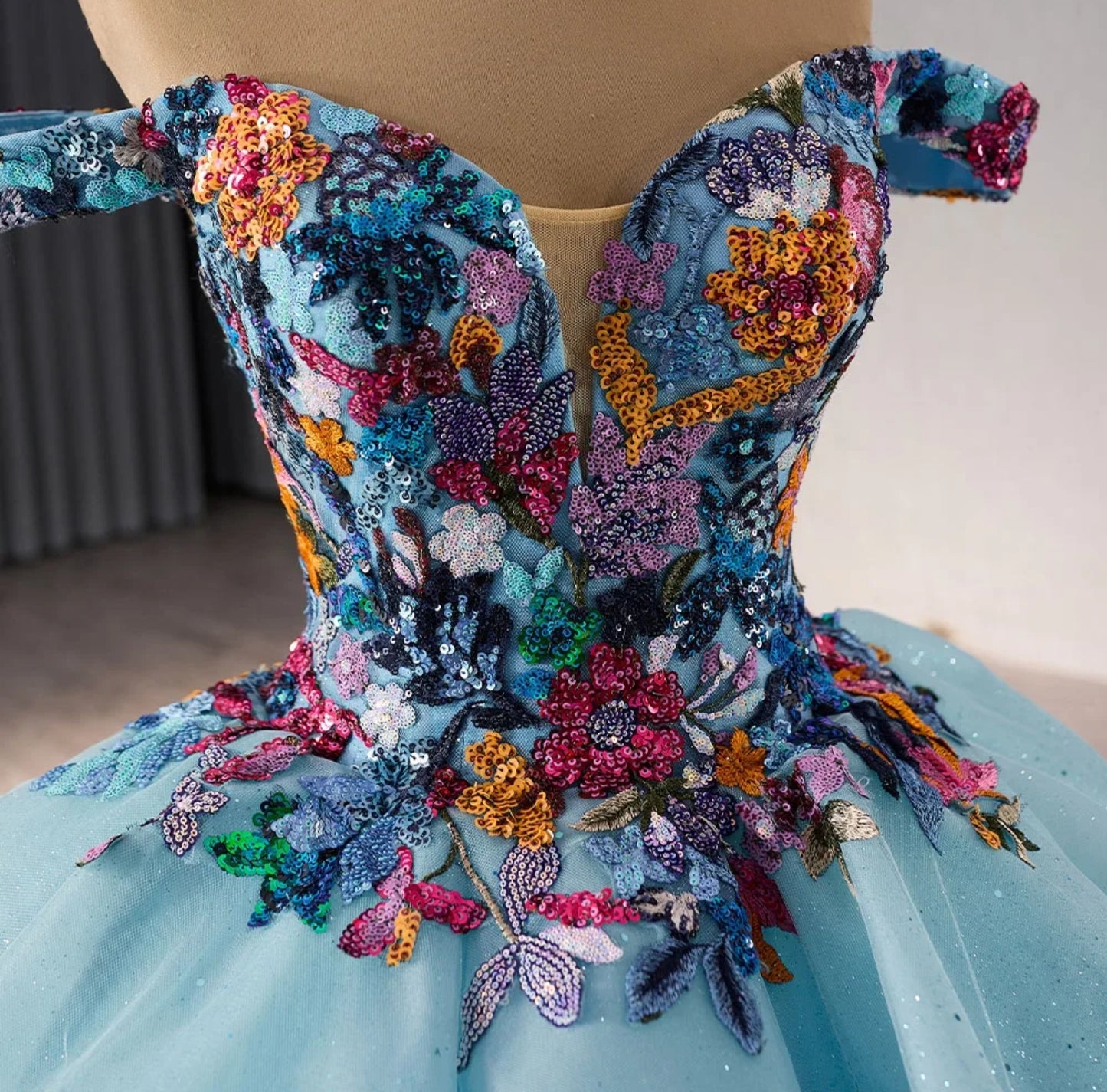 Off The Shoulder Multi Color Floral Sequinned Appliqué Sweetheart Neckline Layered "Cake" Style Blue Quinceañera, Special Occasion, Sweet Sixteen, Pageant, Gala, Formal Ball Gown