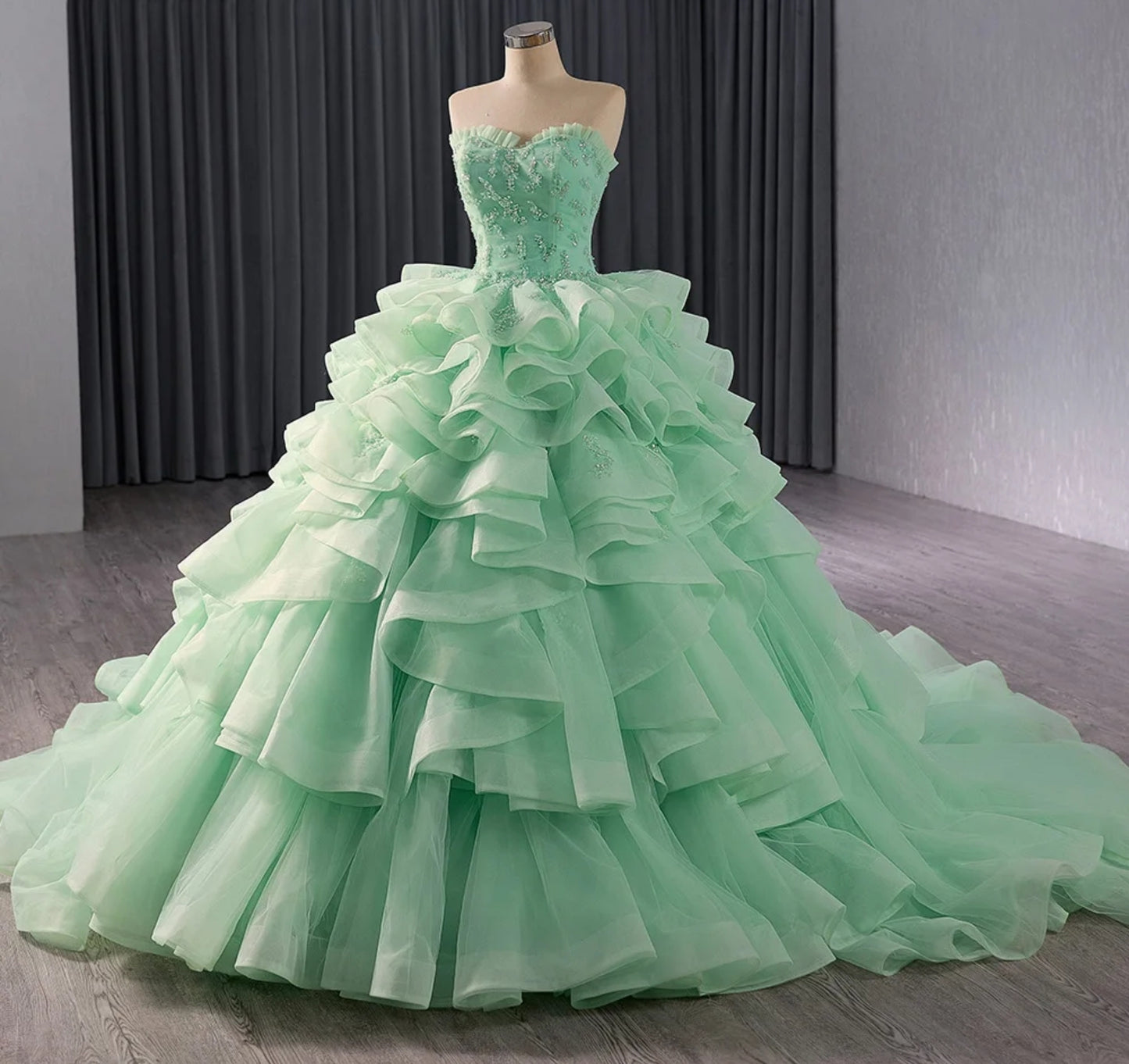 Strapless Mint Green 2024 Ruffled Sweetheart Edge Trimmed Scattered Sequin Appliqué Quinceañera, Pageant, Bat Mitzvah, Pageant, Sweet 16, Gala Ruffle Layered Gown